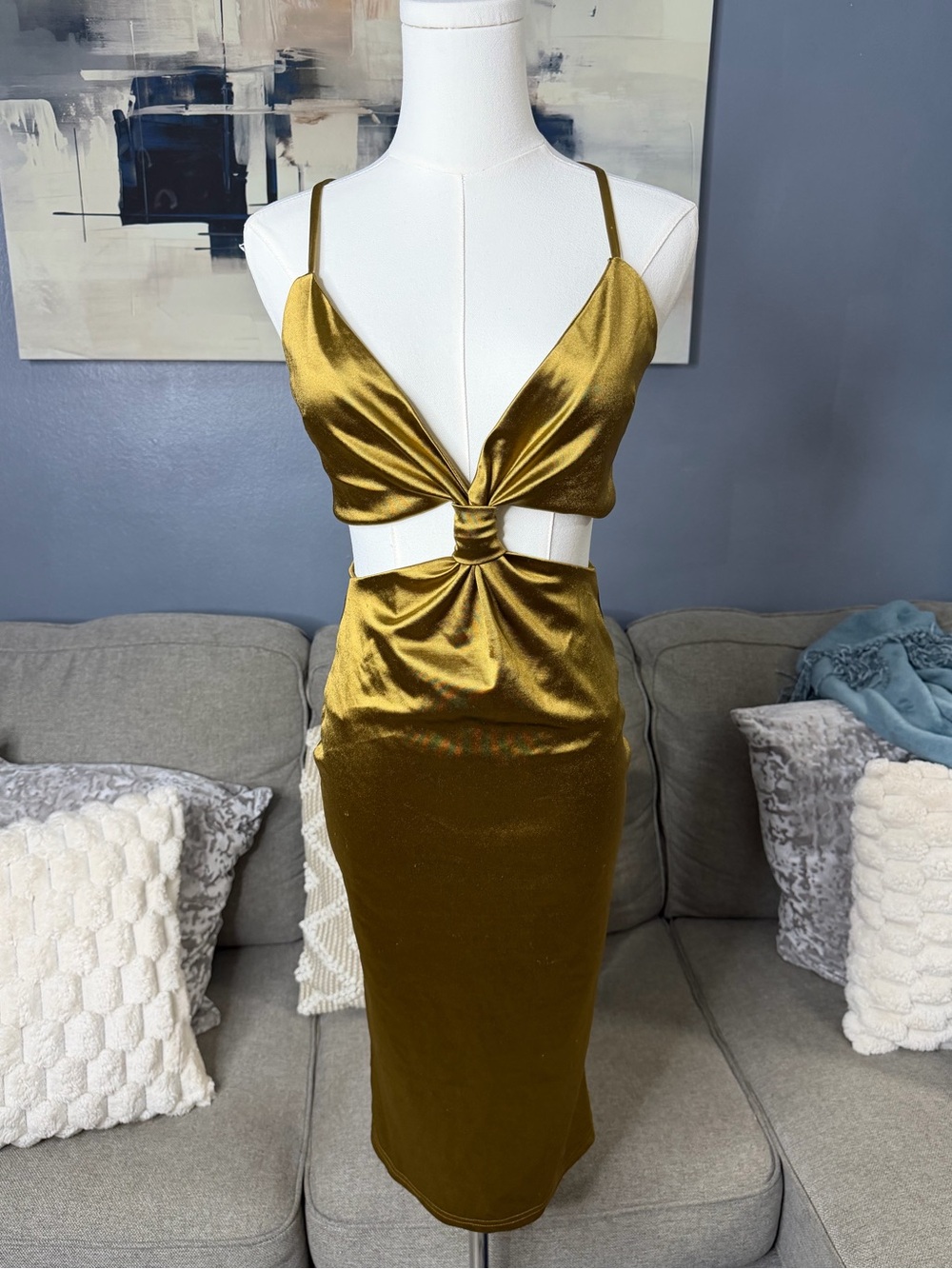 Forever 21 Olive Gold Satin Cutout Midi Dress Size S